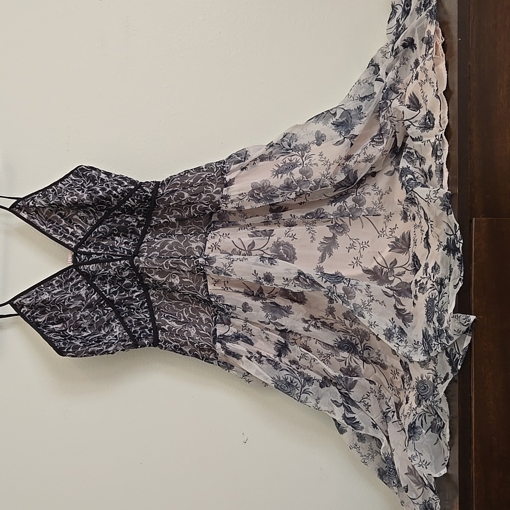 Anthropologie dress XL Black white floral sheer layer, sheered back, thin straps